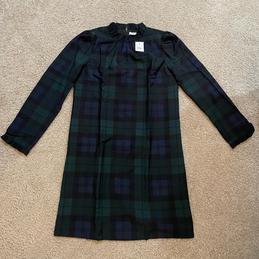 RUFFLENECK SHIFT DRESS IN BLACK WATCH PLAID